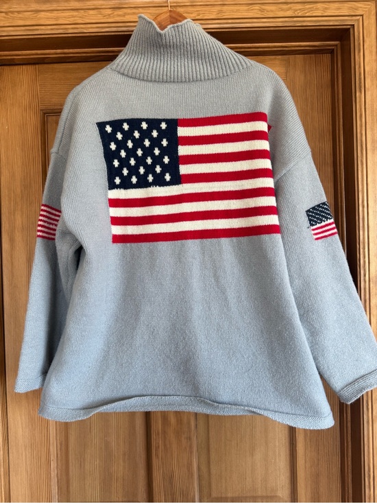 Sweaters - Light Blue Turtleneck Sweater with American Flag Motif